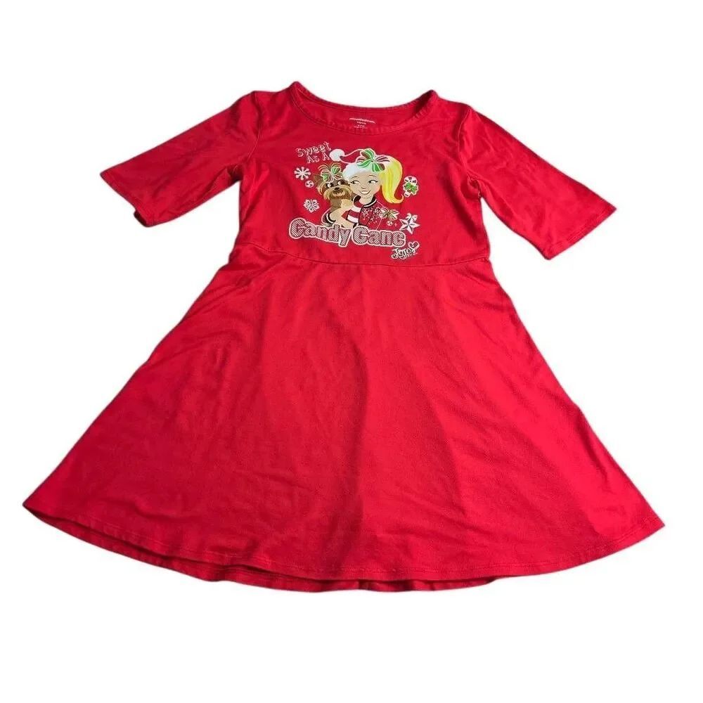 Jojo Siwa Girls 3/4 Sleeve Play Dress features a festive "Sweet as a Candy Cane"